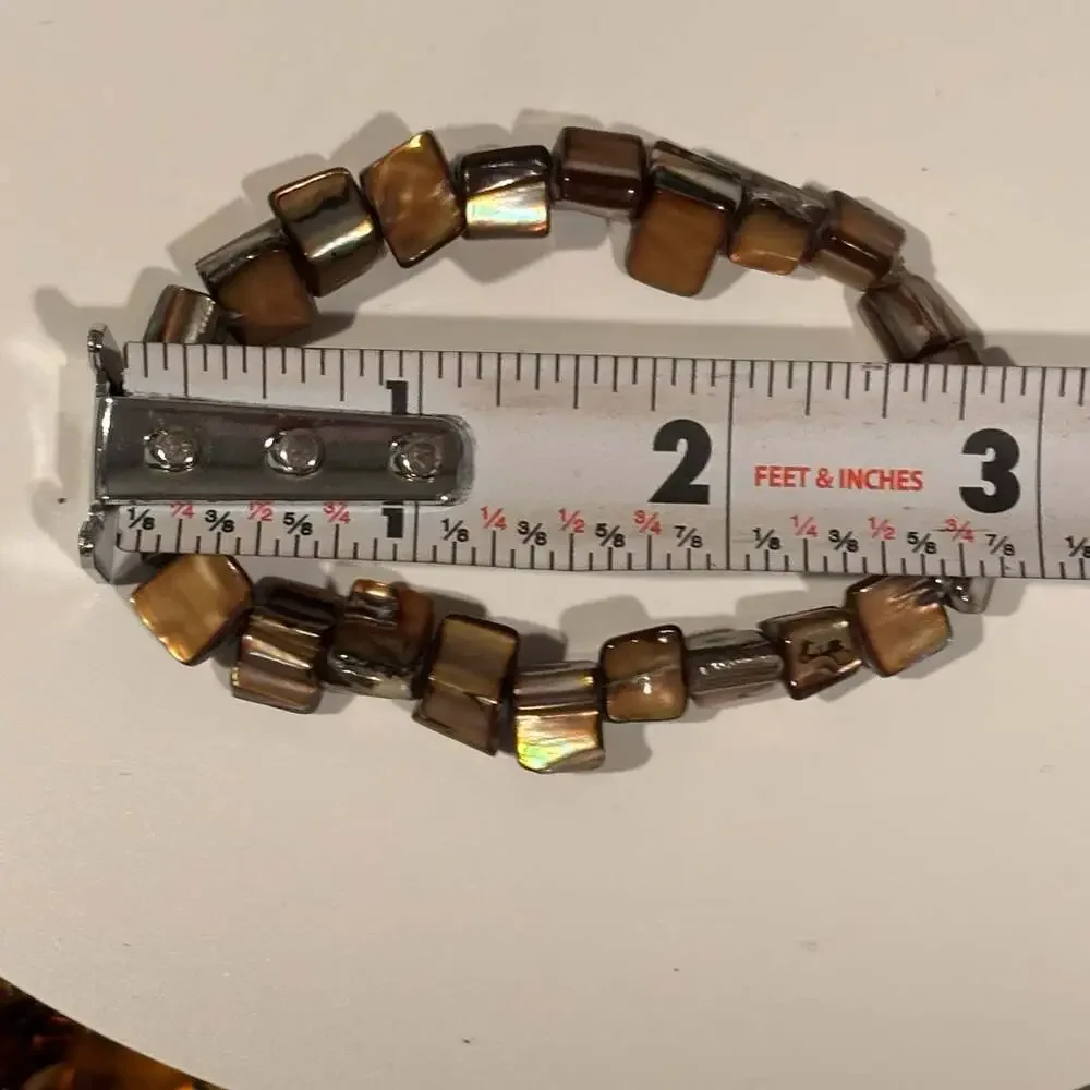 Brown Shell Square iridescent Beaded Stretch Bracelet
